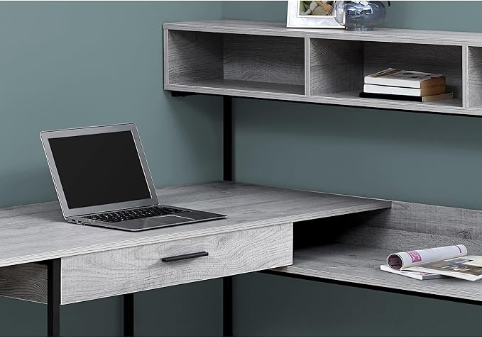 Monarch Specialties Workstation for Home & Office with Multiple Shelves and Drawer L-Shaped Corner Desk with Hutch, 60" L, Grey/Black Frame - LeafyLoom