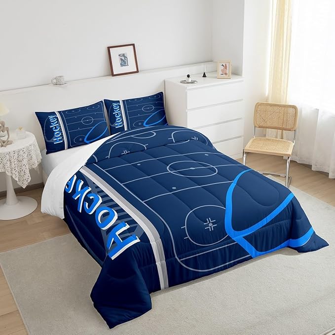 Feelyou Kids Ice Hockey Comforter Set Queen Size Ice Sports Games Bedding Set for Boys Girls Teens Bedroom Decor Hockey Player Comforter Puck Hockey Duvet Set with 2 Pillow Case - LeafyLoom