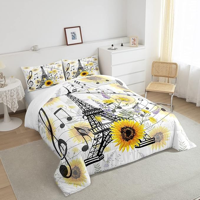 Eiffel Tower Kids Comforter Set Cute Sunflower Bed Sheet Set for Boys Children Teens Bedroom Decor Paris Tower Bedding Set Set Floral Music Themed Bed Cover Full Size with 3 Pillow Case - LeafyLoom