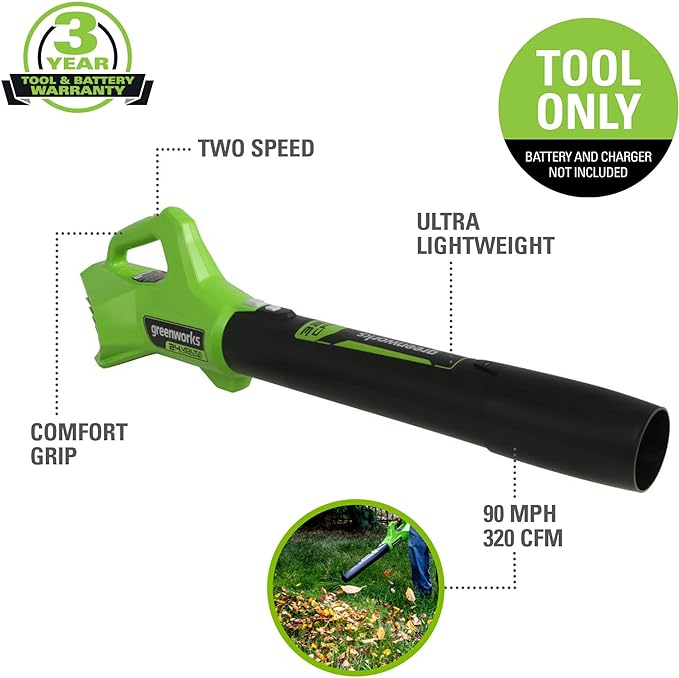 Greenworks 24V (90 MPH / 320 CFM / 125+ Compatible Tools) Cordless Axial Leaf Blower, Tool Only - LeafyLoom