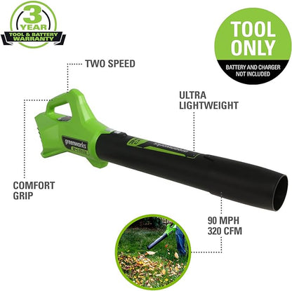 Greenworks 24V (90 MPH / 320 CFM / 125+ Compatible Tools) Cordless Axial Leaf Blower, Tool Only - LeafyLoom