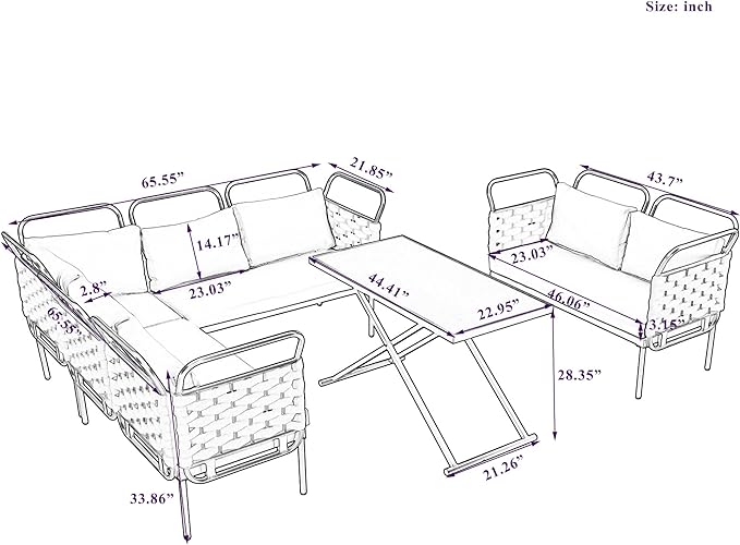 5-Piece Outdoor Furniture Sectional Conversation Sofa Set with Loveseat, Glass Table and Removable Cushions, All Weather Patio Woven Rope L-Shaped Couch for Garden Backyard, Gray+Beige - LeafyLoom