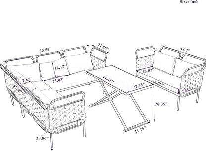 5-Piece Outdoor Furniture Sectional Conversation Sofa Set with Loveseat, Glass Table and Removable Cushions, All Weather Patio Woven Rope L-Shaped Couch for Garden Backyard, Gray+Beige - LeafyLoom