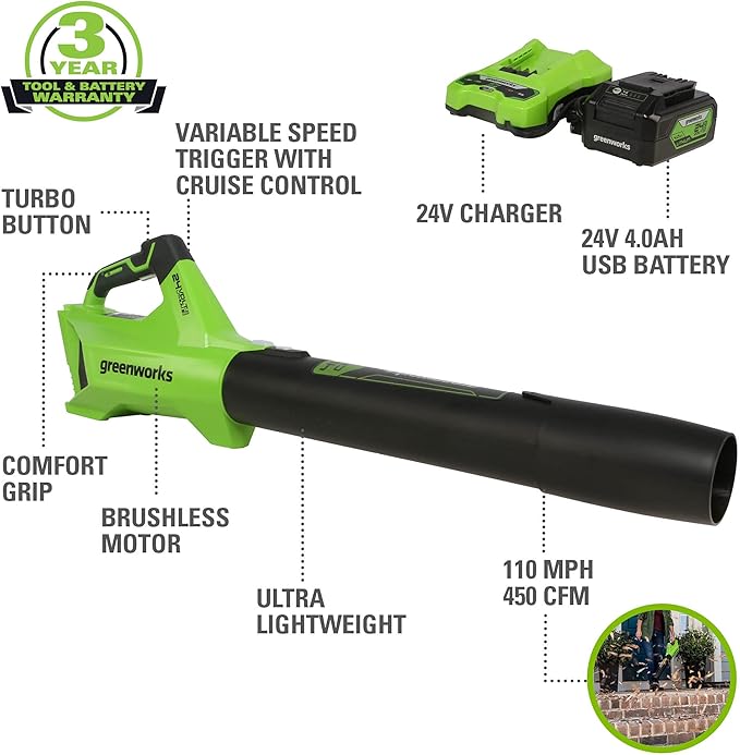 Greenworks 24V (110 MPH / 450 CFM / 125+ Compatible Tools) Cordless Brushless Axial Leaf Blower, 4.0Ah Battery and Charger Included - LeafyLoom