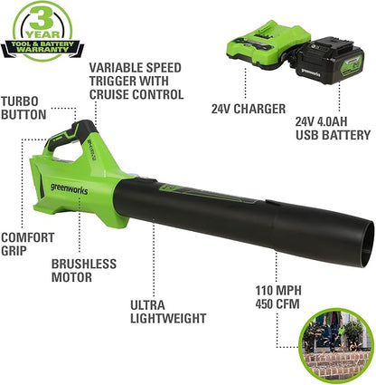 Greenworks 24V (110 MPH / 450 CFM / 125+ Compatible Tools) Cordless Brushless Axial Leaf Blower, 4.0Ah Battery and Charger Included - LeafyLoom