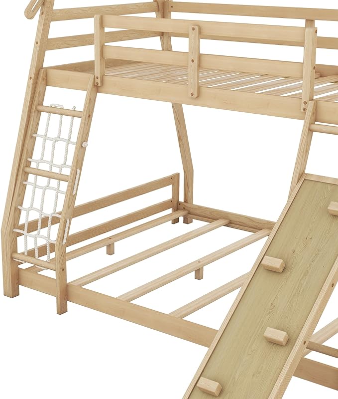 Twin Over Queen House Shape Bunk Bed, Wooden Bunk Beds House Bed with Climb Nets and Climbing Ramp for Kids Boys Girls Bedroom, No Box Spring Needed, Natural - LeafyLoom