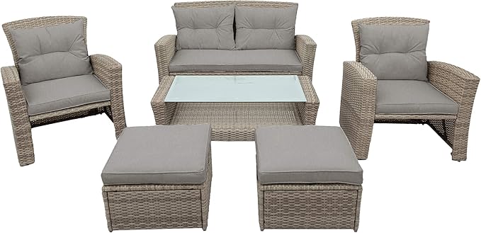 4-Piece Rattan Patio Furniture Sets, All Weather Outdoor Sectional Sofa Loveseat with Ottoman,Soft Cushions&Glass Table w/Shelf, Wicker Conversation Couch for Garden Backyard, Onesize, Gray - LeafyLoom