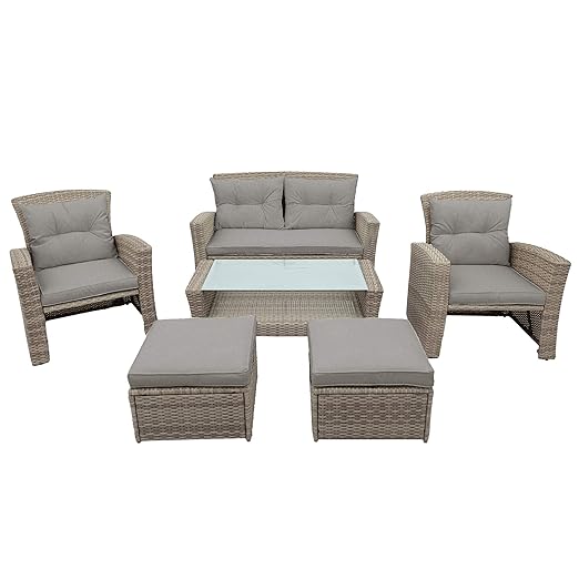 Set, 4 Piece Outdoor Wicker Rattan Sectional Sofa with Glass Table, Ottoman and Soft Cushions, Front Porch Apartment Patio Furniture for Backyard Lawn Garden, Onesize, E-Gray-e - LeafyLoom