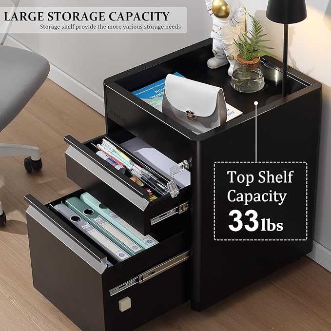 2 Drawer Mobile File Cabinet Top Storage Shelf, Rolling Metal Filing Cabinet for Legal & Letter File Anti-tilt Design with Lock Under Desk Office Drawers Fully Assembled Except Casters(Top ST B) - LeafyLoom