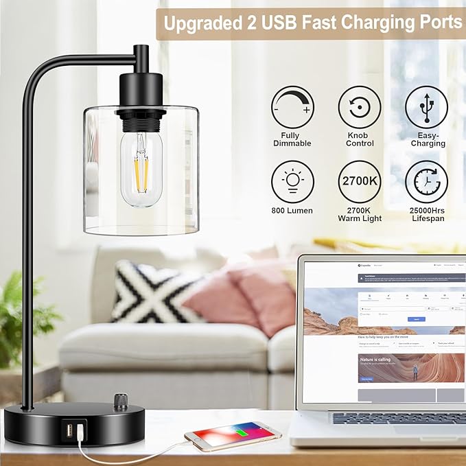 Industrial Table Lamp with 2 USB Charging Ports, Fully Stepless Dimmable Modern Nightstand Lamp, Glass Shade Bedside Desk Lamp for Bedroom Living Room Office, 6W 2700K LED Edison Bulb Included - LeafyLoom