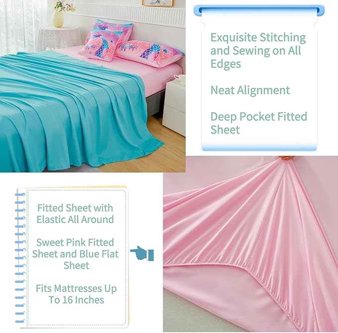 RYNGHIPY Mermaid Kids Girls Comforter Set Twin Size Pink Blue Gradient Fish Tail Bed in a Bag - includes Comforter & Sheet Set for Teens Girls Super Soft Kids Bedding - LeafyLoom