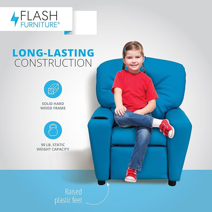 Flash Furniture Chandler Vinyl Kids Recliner with Cup Holder and Safety Recline, Contemporary Reclining Chair for Kids, Supports up to 90 lbs., Turquoise - LeafyLoom