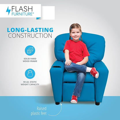 Flash Furniture Chandler Vinyl Kids Recliner with Cup Holder and Safety Recline, Contemporary Reclining Chair for Kids, Supports up to 90 lbs., Turquoise - LeafyLoom