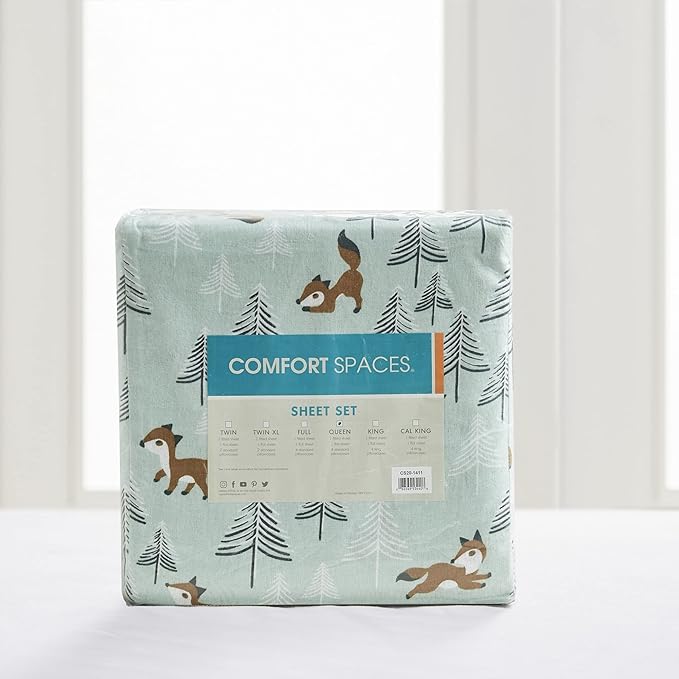 Comfort Spaces Cotton Flannel Breathable Warm, Deep Pocket Sheets with Pillow Case Bedding, Queen, Seafoam Foxes 4 Piece - LeafyLoom