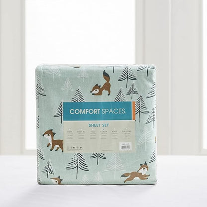 Comfort Spaces Cotton Flannel Breathable Warm, Deep Pocket Sheets with Pillow Case Bedding, Queen, Seafoam Foxes 4 Piece - LeafyLoom