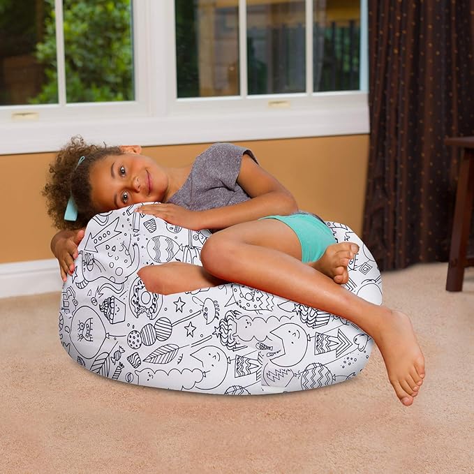 Posh Creations Bean Bag Chair for Kids, Teens, and Adults Includes Removable and Machine Washable Cover, Canvas Coloring Fabric - Fun Creatures, 27in - Medium - LeafyLoom