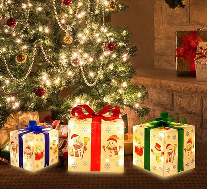 [Large 8.5"x7"x6" Christmas Set of 3 Lighted Gift Boxes Decorations Pre-lit 70 Super-Bright LED with Flashers,for Indoor Outdoor Christmas Tree Skirt Ornament Pathway Holiday Party Home GLOWNOVA