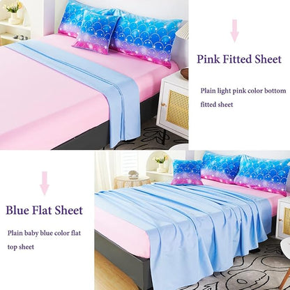 URBONUR 6 Pcs Mermaid Comforter Set Twin Size Gradient Pink and Blue Twin Bedding Sets for Girls/Kids/Teen, Colorful Glitter Printed Bed in a Bag Comforter with Sheet Set - LeafyLoom