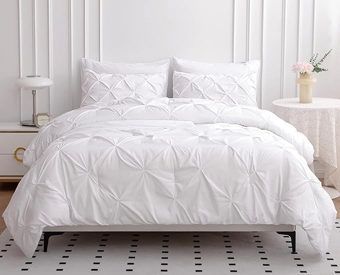 LANE LINEN California King Comforter Set, 7 Piece Cal King Bed in a Bag, Pintuck Cal King Bedding Set, Soft Cali King Bed Set, Cal King Bedding Comforter Sets with Sheets, Pillowcases & Shams - White - LeafyLoom