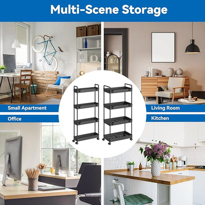 2 Pack 4 Tier Slim Storage Cart, Bathroom Organizer Laundry Room Organization Mobile Shelving Unit Slide Out Utility Rolling Rack with Wheels for Kitchen Garage Office Small Apartment Narrow Space - LeafyLoom