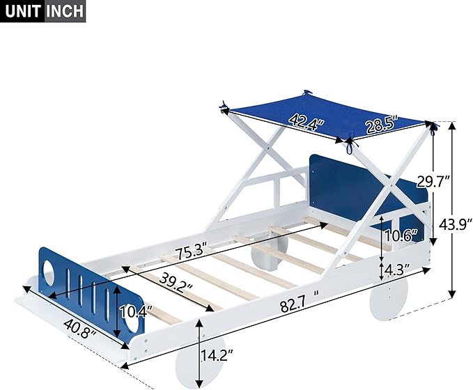 Twin Size Car Bed with Ceiling Cloth,Wooden Car-Shaped Bedframe W/Headboard & Footboard,No Box Spring Required,Fun Play for Boys Kids Toddlers Child's Bedroom,White - LeafyLoom