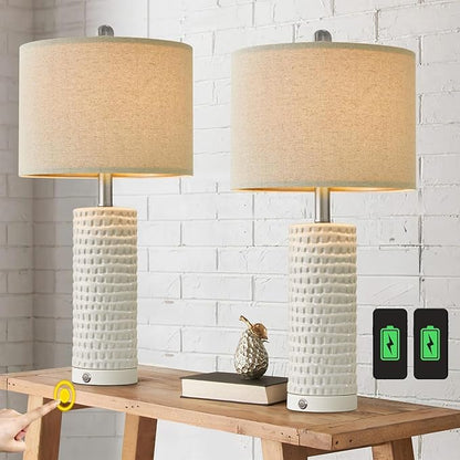 PORTRES 24" Farmhouse 3-Way Dimmable Touch Ceramic Table Lamp Set of 2 for Bedroom White Bedside Lamps with USB A+C Charging Ports for Living room Nightstand Lamp End Table lamps - LeafyLoom