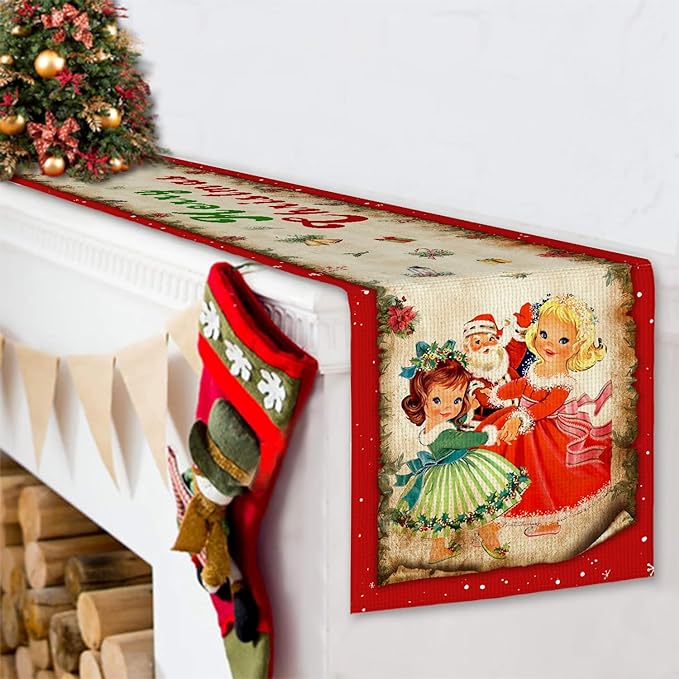 Vintage Christmas Table Runner Christmas Decorations - Red Vintage Style Santa Claus Girls Merry Christmas Winter Xmas Home Kitchen Dining Table Decor, Christmas Party Decorations 13 x 72 Inch Racenaf