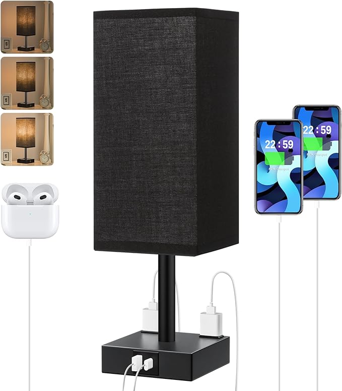 Touch Bedside Table Lamp For Nightstand - 3-Way Dimmable Night Lamp with USB A + Type C Charging Ports and two AC Outlets, Small Desk Light with E26 LED Bulb for Bedroom Living Room Dorm Office,BLACK - LeafyLoom