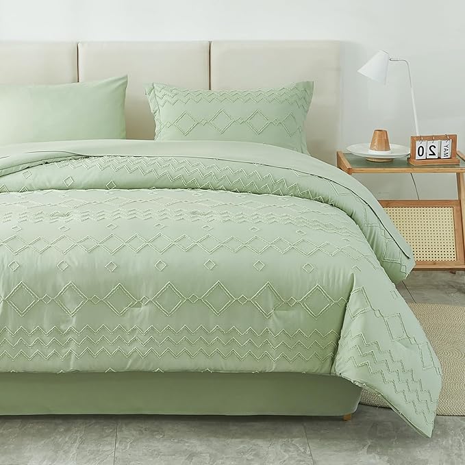 EMME Twin Comforter Set - 5 Pcs Sage Green Boho Bedding Sets, Tufted Comforter with Sheets, Shabby Chic Embroidery Twin Bed Set Fluffy Bed Bag for All Season(68"X90") - LeafyLoom