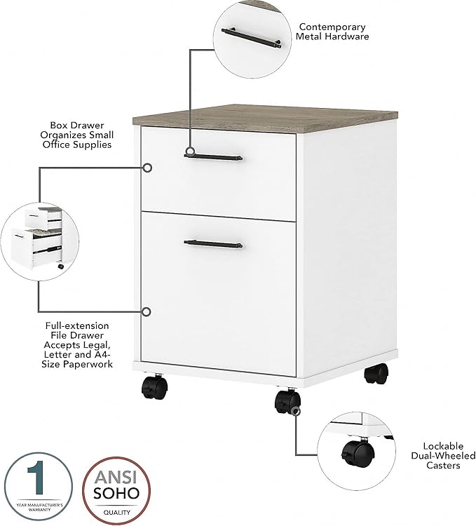 Bush Furniture Key West 60W L Shaped Desk with 2 Drawer Mobile File Cabinet in Pure White and Shiplap Gray - LeafyLoom