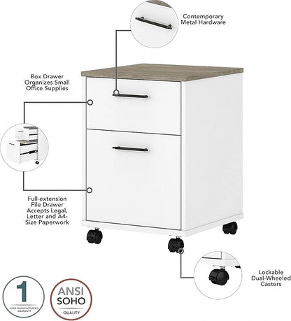 Bush Furniture Key West 60W L Shaped Desk with 2 Drawer Mobile File Cabinet in Pure White and Shiplap Gray - LeafyLoom