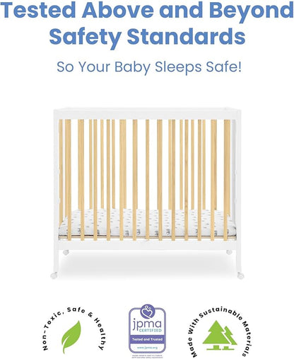 Delta Children Mia Portable Folding Mini Crib with 1.5-Inch Mattress - Greenguard Gold Certified, Bianca White/Natural - LeafyLoom