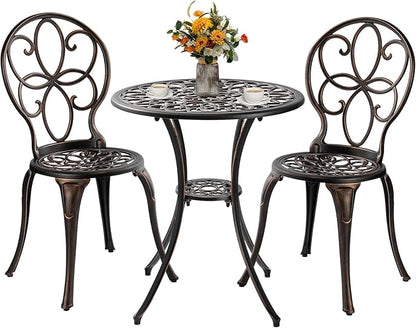 Patio Bistro Sets 3 Piece, Outdoor Bistro Table and Chairs Set of 2 with Umbrella Hole, Cast Aluminum Bistro Set, Patio Furniture for Yard Garden Porch, Bronze - LeafyLoom