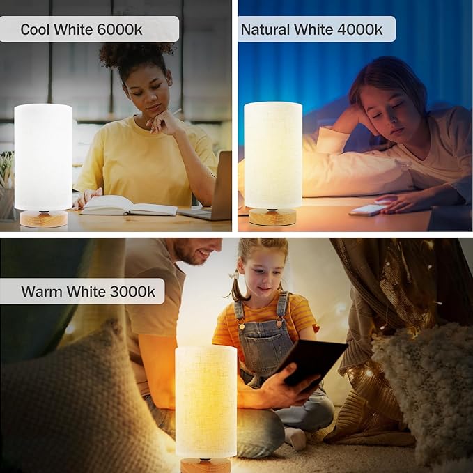 Small Bedside Table Lamp with 3 Color Temperatures, Minimalist Dimmable Nightstand Lamp with Round Fabric Linen Shade, Desk Lamp for Study Reading, Night Lamp for Living Room,Bedroom,Office,Dorm - LeafyLoom