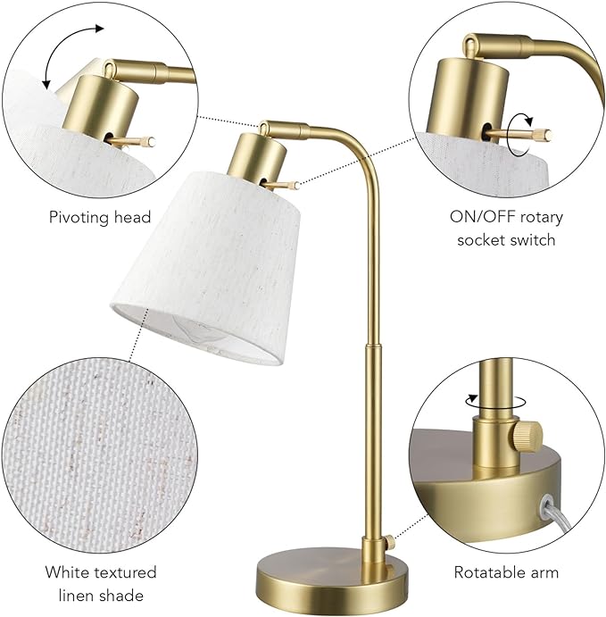 Globe Electric 61000057 16" Desk Lamp, Matte Brass Finish, White Linen Shade, Pivot Joint, On/Off Rotary Switch on Socket, E26 Base Bulb, Lamp for Living Room, Home Office, Home Improvement - LeafyLoom