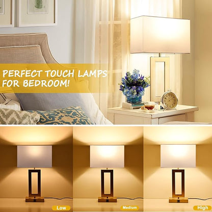 22’’ Set of 2 Touch Control Table Lamps w. 2 USB Ports, 3-Way Dimmable Bedroom Bedside Nightstand, Modern Gold&White Touch Lamps for Living Room End Table, LED Bulbs Included - LeafyLoom