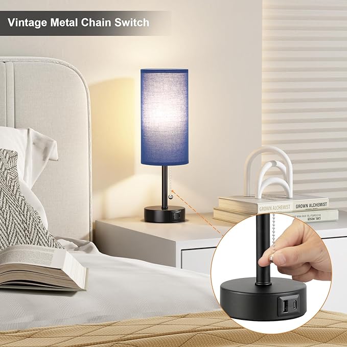 Blue Table Bedside Lamp for Bedroom Nightstand - Small Lamp with USB A + C Charging Port, 3 Color Temperatures Pull Chain Night Stand Light with Bulb, Side Table Desk Reading Lamp for Living Room - LeafyLoom