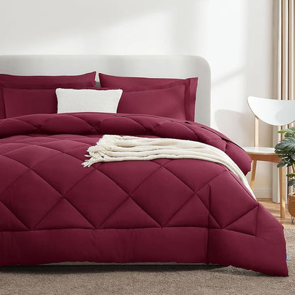 CozyLux Queen Comforter Set with Sheets 7 Pieces Bed in a Bag Burgundy All Season Bedding Sets with Comforter, Pillow Shams, Flat Sheet, Fitted Sheet and Pillowcases, Red, Queen - LeafyLoom