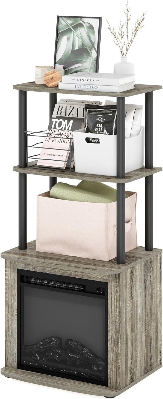 Furinno Turn-N-Tube 2-Tier Tall TV Entertainment Side Table Display Rack with Fireplace Insert, French Oak Grey/Black - LeafyLoom