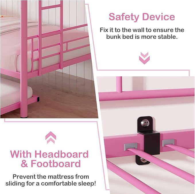 VECELO Twin Over Twin Bunk Bed with Trundle, Metal Bunkbeds with Ladder and Full-Length Guardrail, Noise Free, No Box Spring Needed, Pink - LeafyLoom