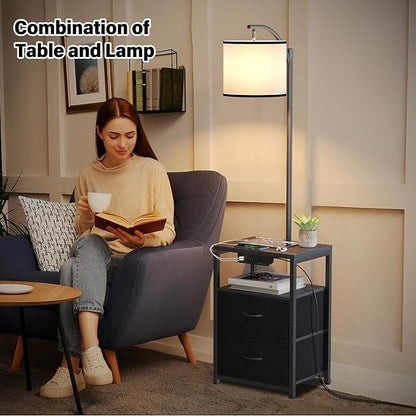 SUNMORY Floor Lamp with Table & 2 Drawers, Lamp with USB Port and Outlet, Lamps for Nightstand with 3 Color Temperature Led Bulb Included, Floor Lamps for Living Room, Bedroom and Home Office, Black - LeafyLoom