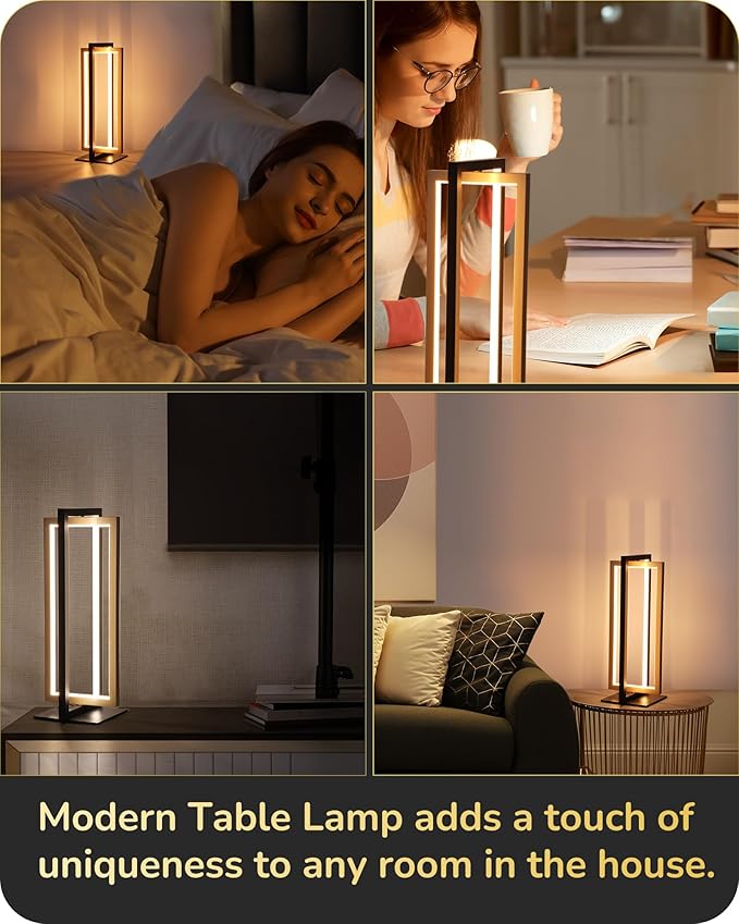 EDISHINE LED Table Lamp, 3 Color Temperatures Bedside Lamp (3000K 4500K 6000K), 750LM Touch Stepless Dimmable Nightstand Lamp for Living Room Bedroom Office, Dual-Frame Rectangle, Angle Adjustable - LeafyLoom