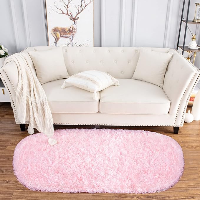 Noahas Ultra Soft Fluffy Rugs,Pink Area Rugs for Bedroom Shaggy Oval 2.6' x 5.3' Kids Bedroom Fuzzy Bedside Small Carpet Aesthetic,Nursery Rug for Baby,Room Decor for Teen Girls - LeafyLoom