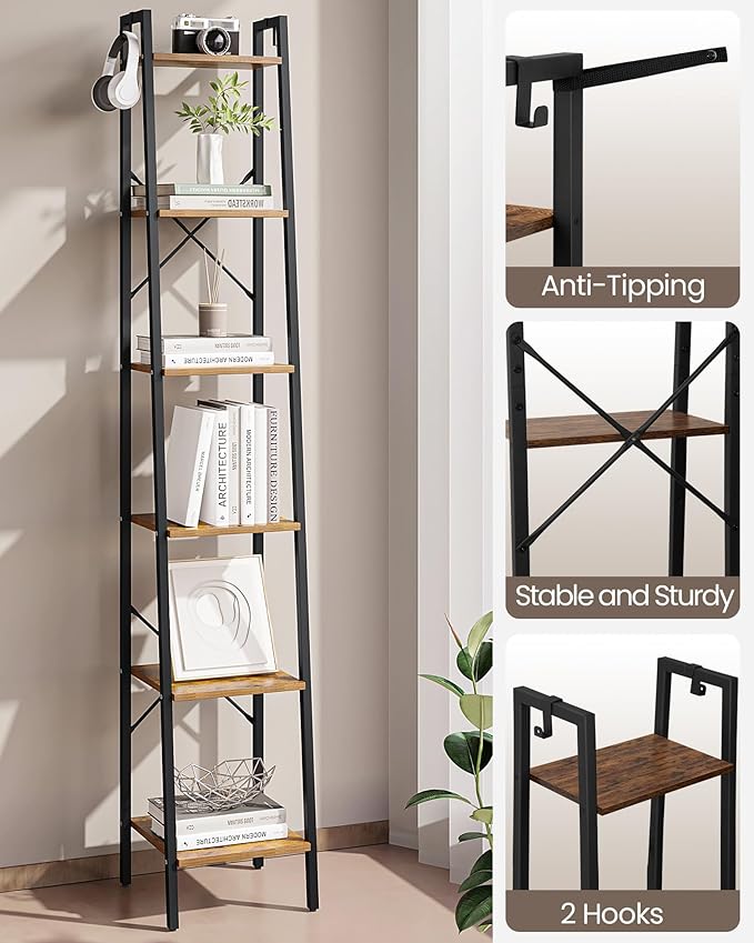 Ladder Shelf, Bookshelf Bookcase, Freestanding Corner Storage Shelve with 2 Hooks for Home Office, Living Room, Kitchen, Bedroom, Industrial, 6-Tier Rustic Brown BC13301B - LeafyLoom