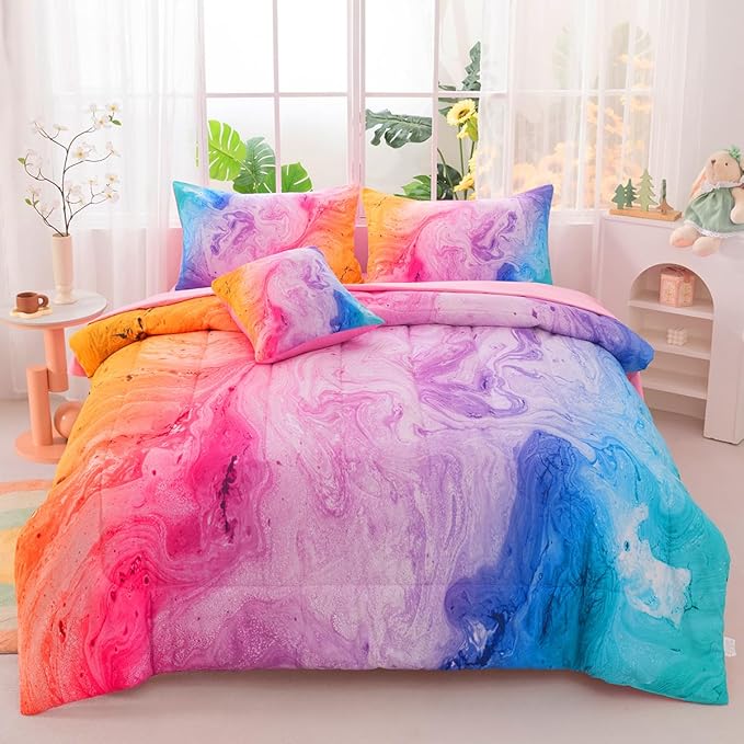 Girls Full Bedding Sets, 6 Pcs Pink Full Szie Comforter Set with Sheets, Watercolor Marble Abstract Art Superior Bedding Set for Girls Kids - LeafyLoom