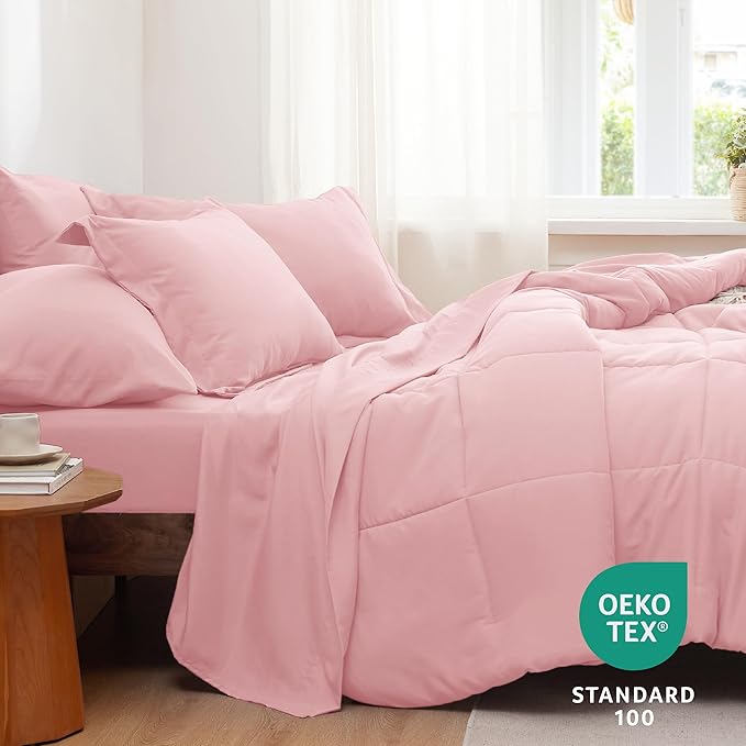 Bedsure Pink King Size Comforter Set - 7 Pieces Solid King Bed in a Bag, King Bed Set Pink with Comforters, Sheets, Pillowcases & Shams - LeafyLoom