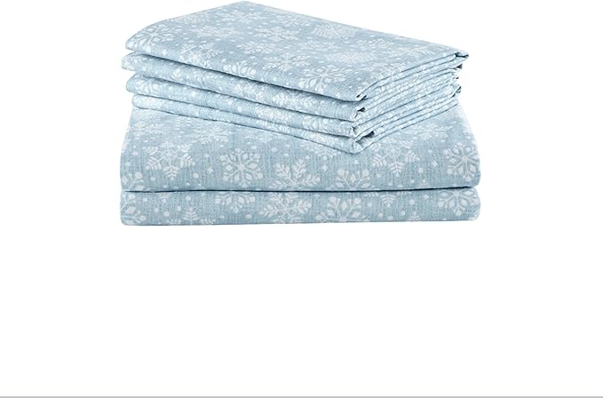 Comfort Spaces Cotton Flannel Breathable Warm Deep Pocket Sheets with Pillow Case Bedding, Queen, Blue Snowflakes 4 Piece - LeafyLoom