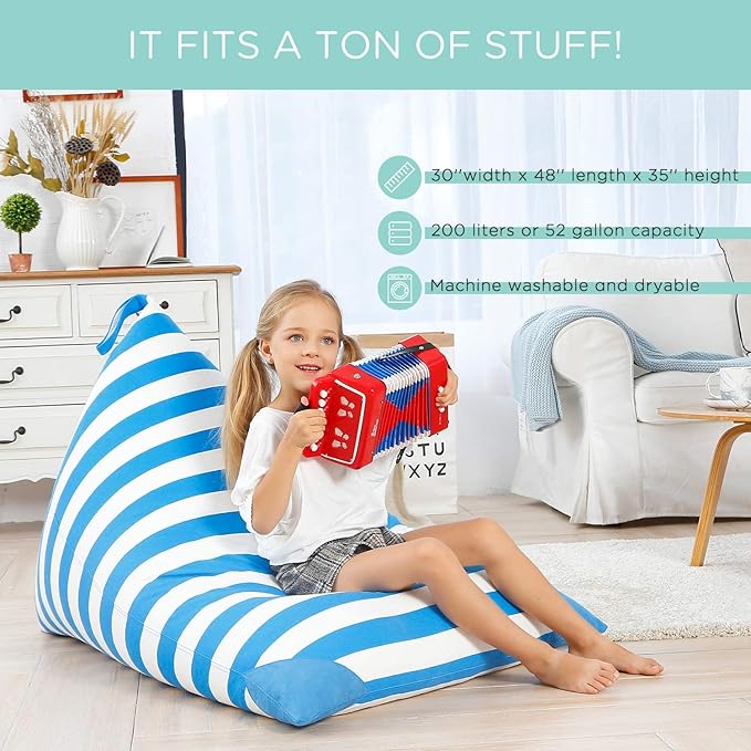 Aubliss Stuffed Animal Storage Bean Bag Chairs Cover, 50"x 35" Extra Large Bean Bags Chair for Kids & Adults, Beanbag Toy Storage for Boys Girls - Premium Cotton Canvas Blue Stripe - LeafyLoom