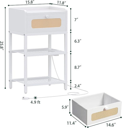 Night Stand set 2, Side Table with Rattan Drawer, Nightstand with Charging Station, Industrial Bedside Table with 3-Tier Storage, White JET003CW2 - LeafyLoom