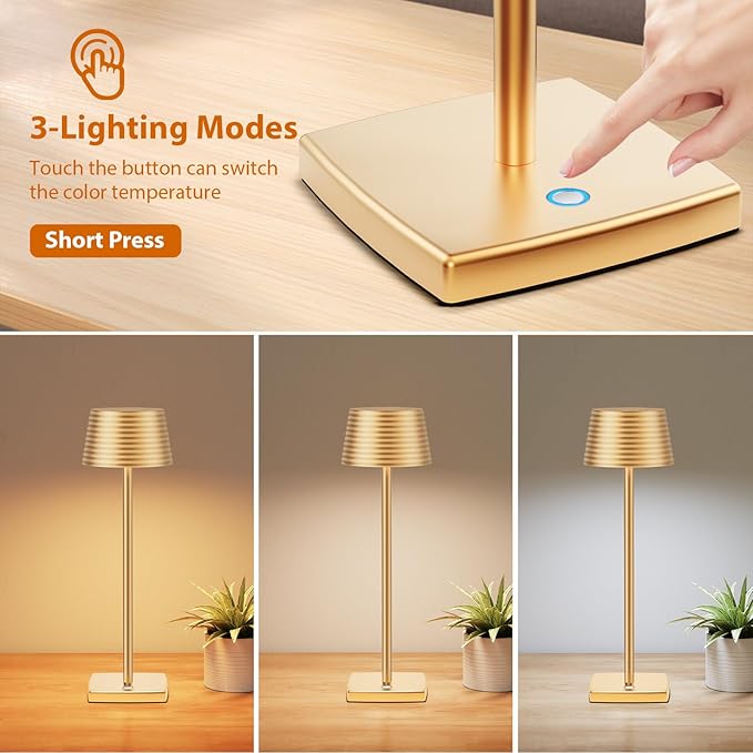 Rechargeable Cordless Table Lamp, Battery 5000mAh Metal Aluminum Housing USB LED Portable Powered Desk Lamp, 3 Levels Brightness Night Light for Restaurants Bars Outdoor (Gold-2pack) - LeafyLoom